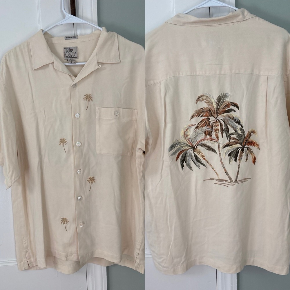 Luau Finest 100% Silk Mens Ivory Button Down Hawaiian Shirt Palm Tree Medium